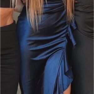 Windsor Blue Asymmetrical Ruched Midi Skirt